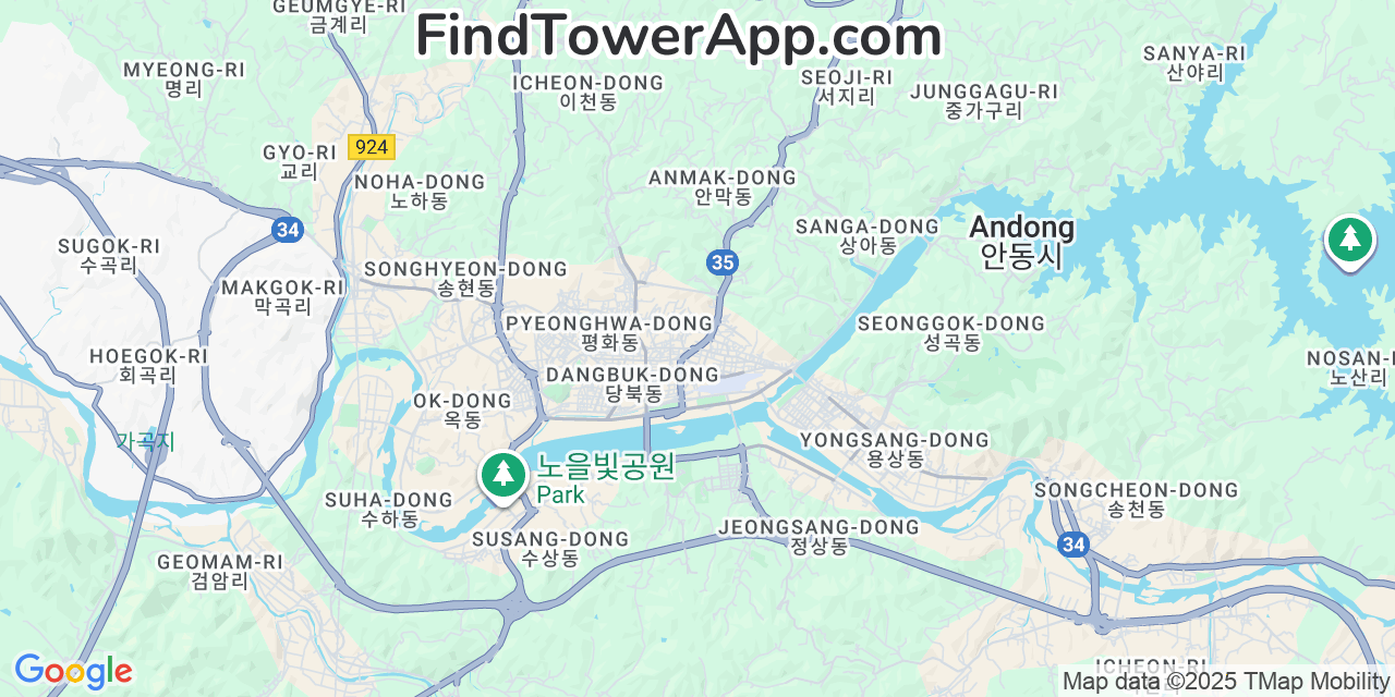 Map showing the 0 primary SK-Telecom cell tower locations detected in Andong, South Korea with coverage radius and signal strength indicators