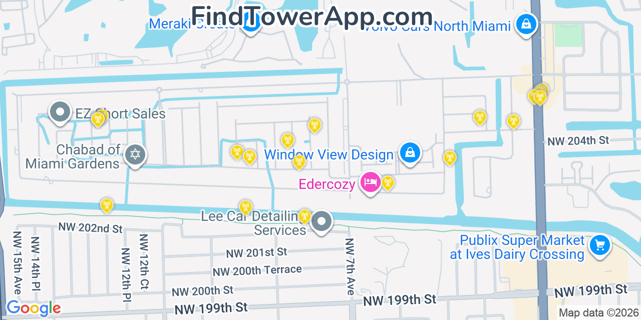 Map showing the 20 primary cell tower locations detected in Andover, Florida from AT&T, Verizon, and T-Mobile networks