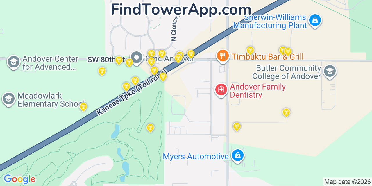 Map showing the 20 primary cell tower locations detected in Andover, Kansas from AT&T, Verizon, and T-Mobile networks