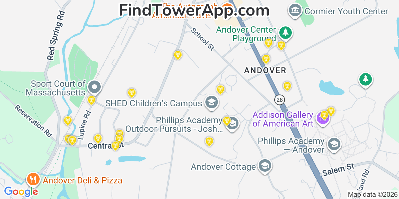 Map showing the 20 primary cell tower locations detected in Andover, Massachusetts from AT&T, Verizon, and T-Mobile networks