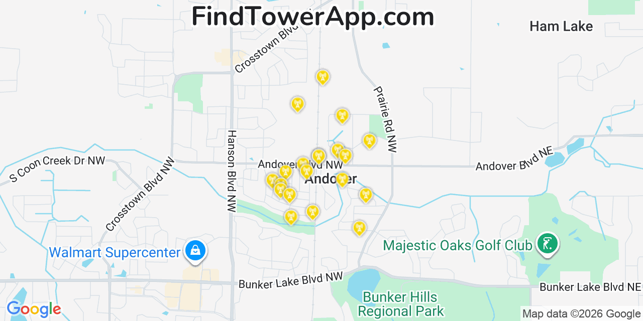 Map showing the 20 primary cell tower locations detected in Andover, Minnesota from AT&T, Verizon, and T-Mobile networks
