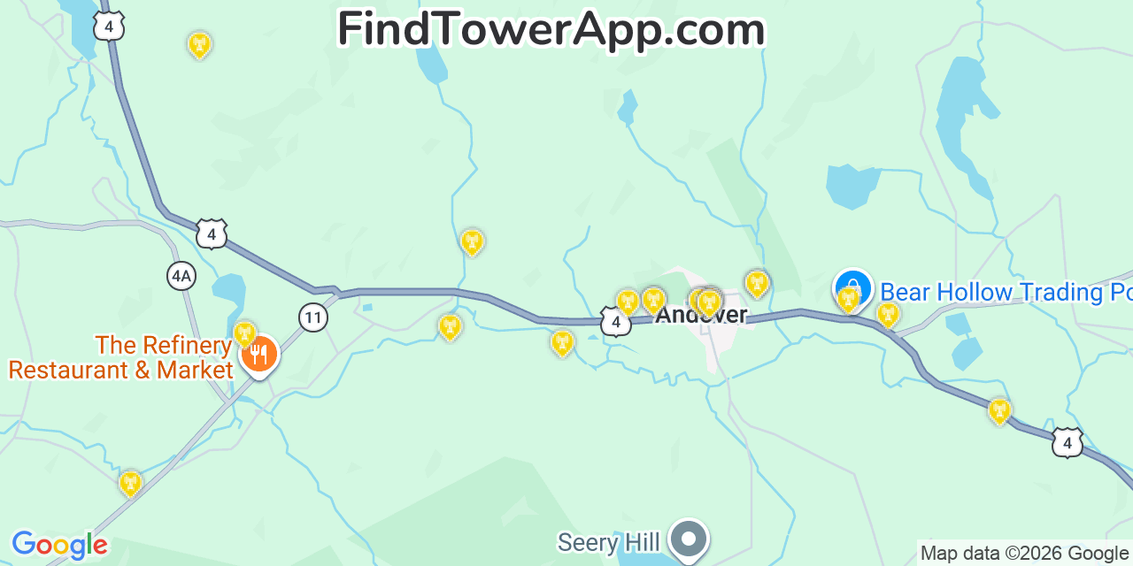 Map showing the 20 primary cell tower locations detected in Andover, New Hampshire from AT&T, Verizon, and T-Mobile networks