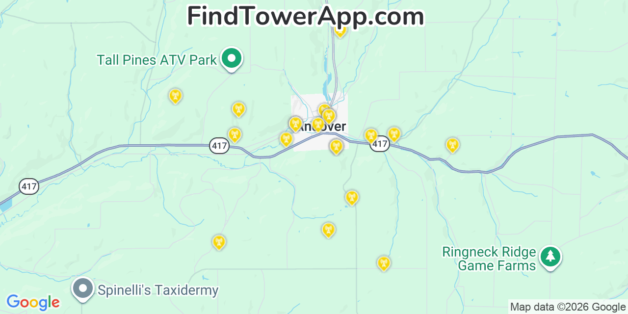 Map showing the 20 primary cell tower locations detected in Andover, New York from AT&T, Verizon, and T-Mobile networks