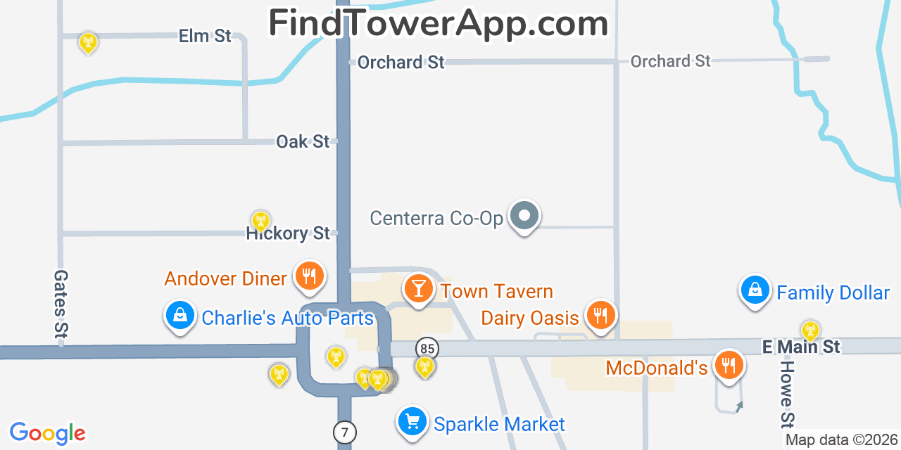 Map showing the 20 primary cell tower locations detected in Andover, Ohio from AT&T, Verizon, and T-Mobile networks
