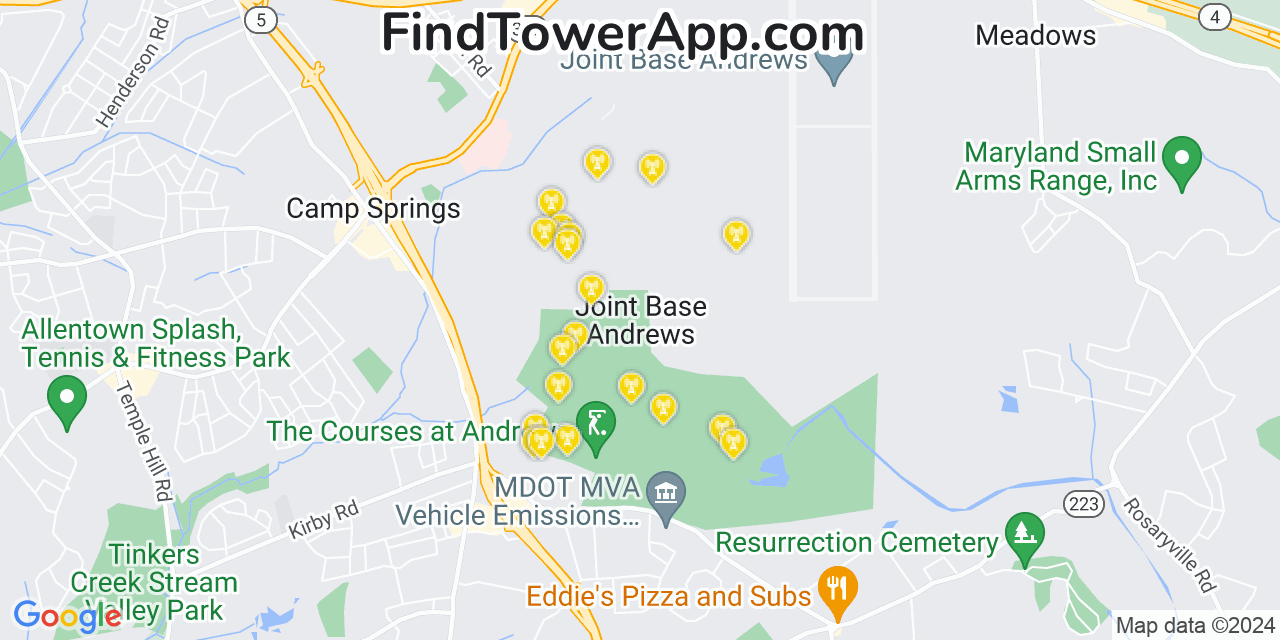 T-Mobile 4G/5G cell tower coverage map Andrews AFB, Maryland