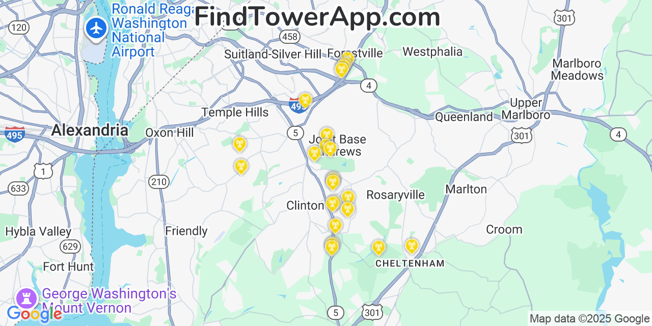 Map showing the 26 primary AT&T cell tower locations detected in Andrews Afb, Maryland with coverage radius and signal strength indicators