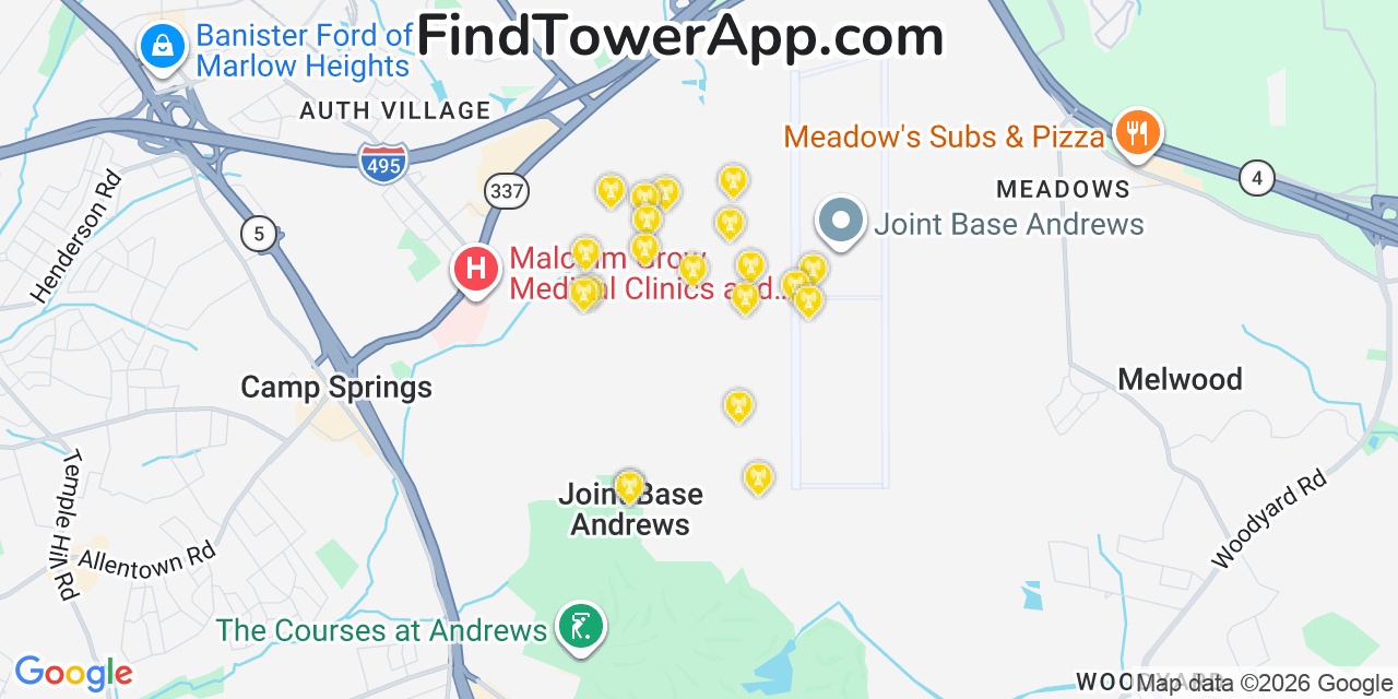 Map showing the 20 primary cell tower locations detected in Andrews Afb, Maryland from AT&T, Verizon, and T-Mobile networks