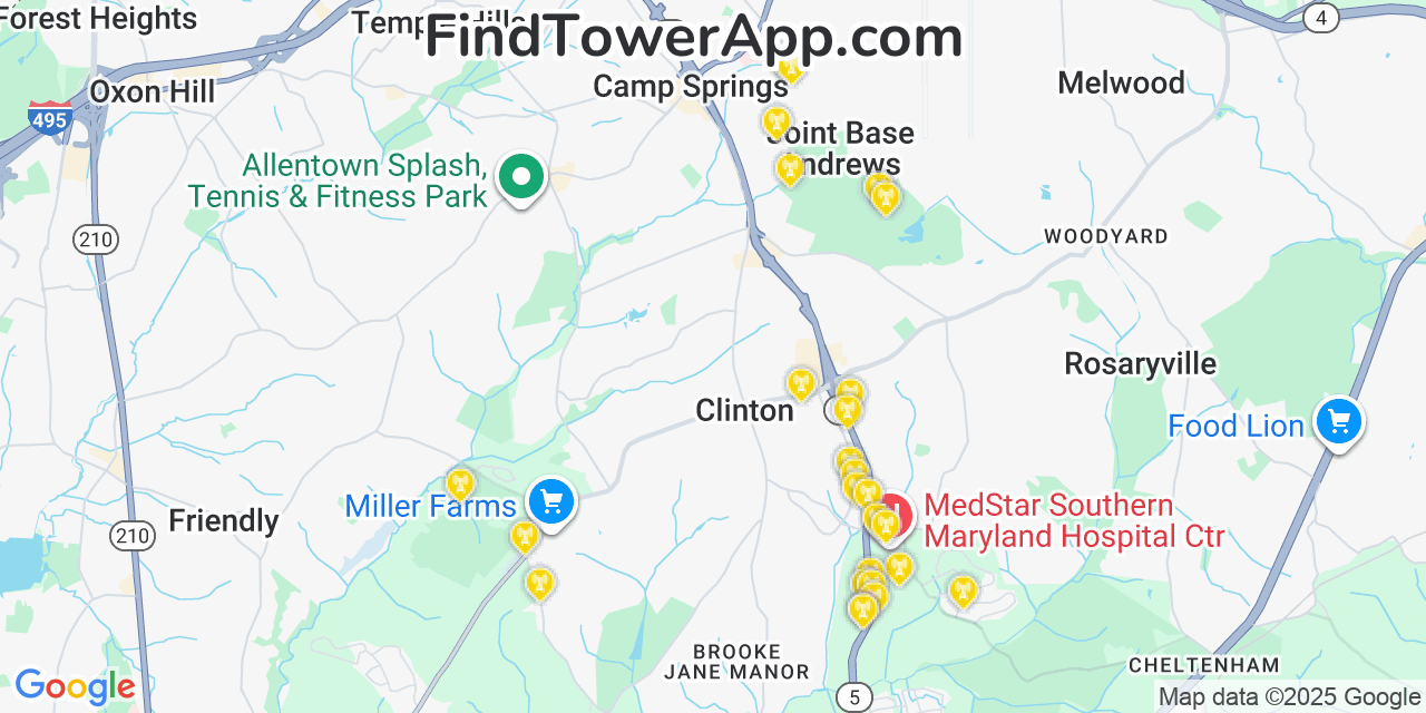 Map showing the 26 primary T-Mobile cell tower locations detected in Andrews Afb, Maryland with coverage radius and signal strength indicators