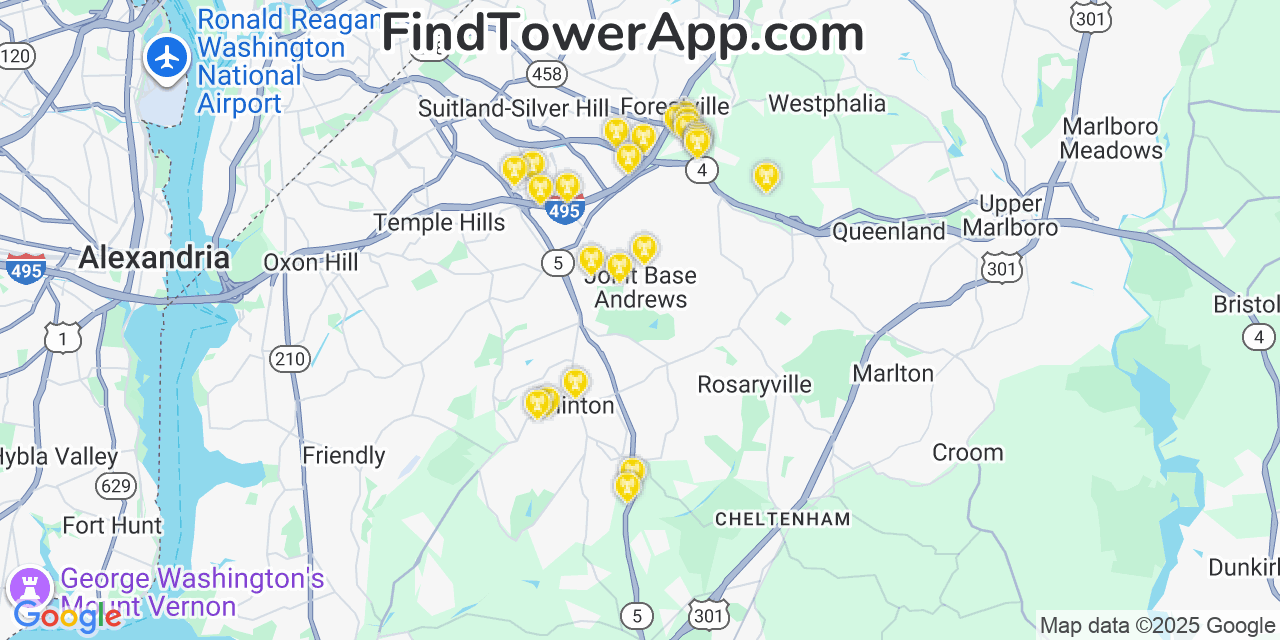 Map showing the 25 primary Verizon cell tower locations detected in Andrews Afb, Maryland with coverage radius and signal strength indicators
