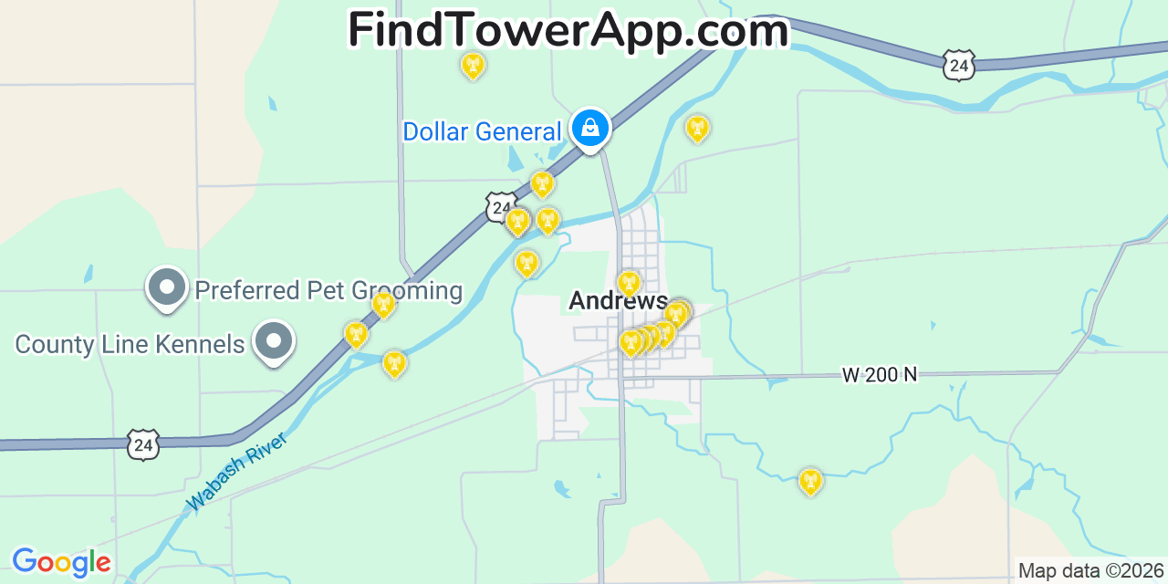 Map showing the 20 primary cell tower locations detected in Andrews, Indiana from AT&T, Verizon, and T-Mobile networks