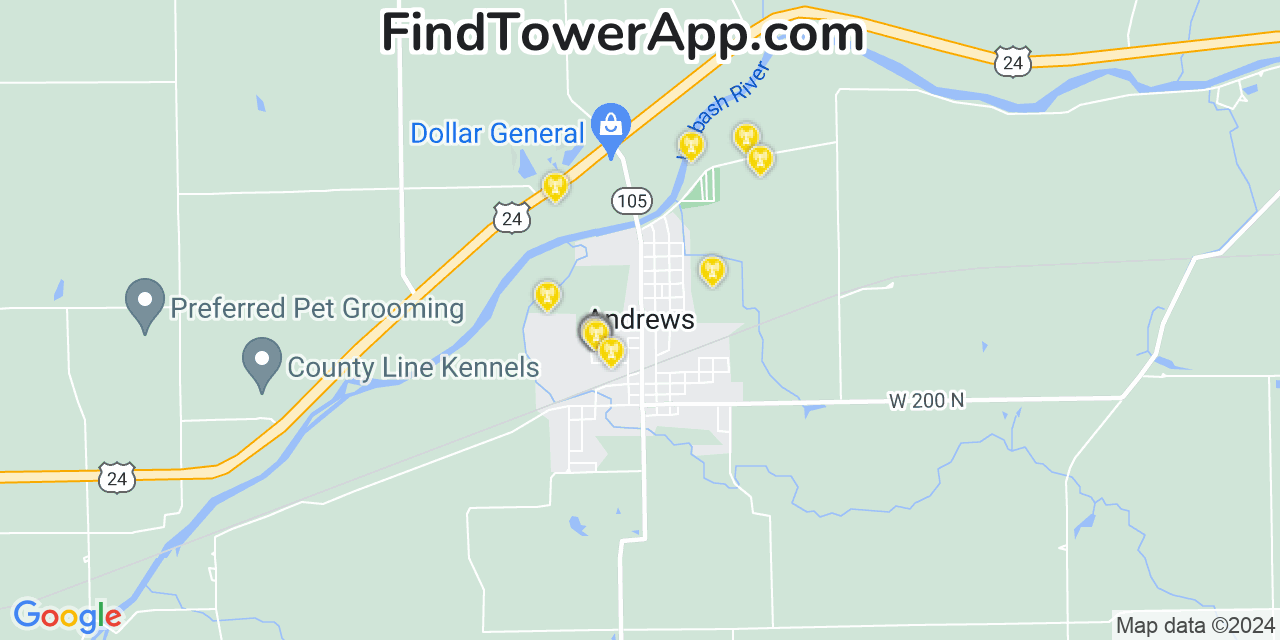 Verizon 4G/5G cell tower coverage map Andrews, Indiana