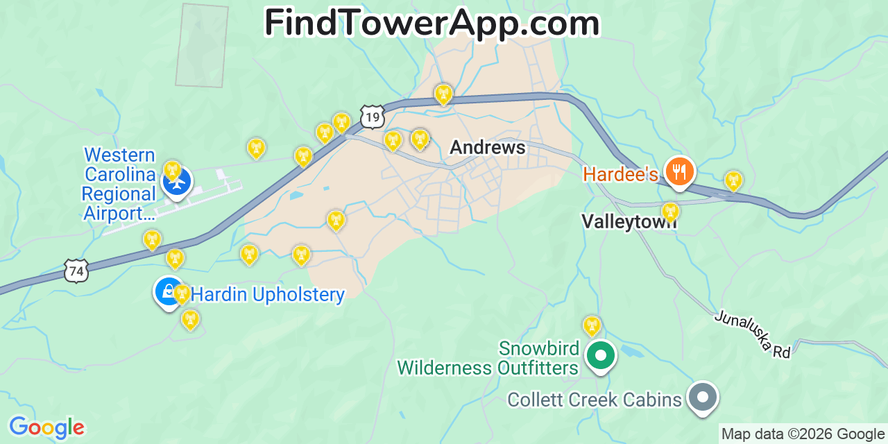 Map showing the 20 primary cell tower locations detected in Andrews, North Carolina from AT&T, Verizon, and T-Mobile networks