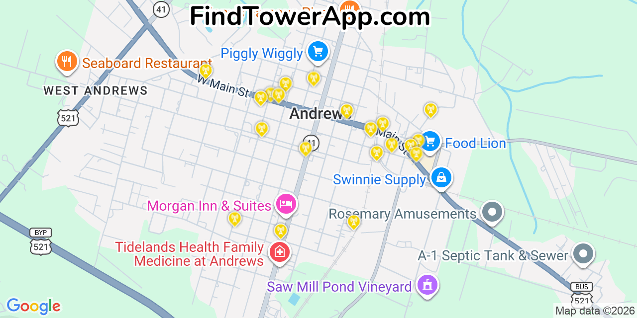 Map showing the 20 primary cell tower locations detected in Andrews, South Carolina from AT&T, Verizon, and T-Mobile networks