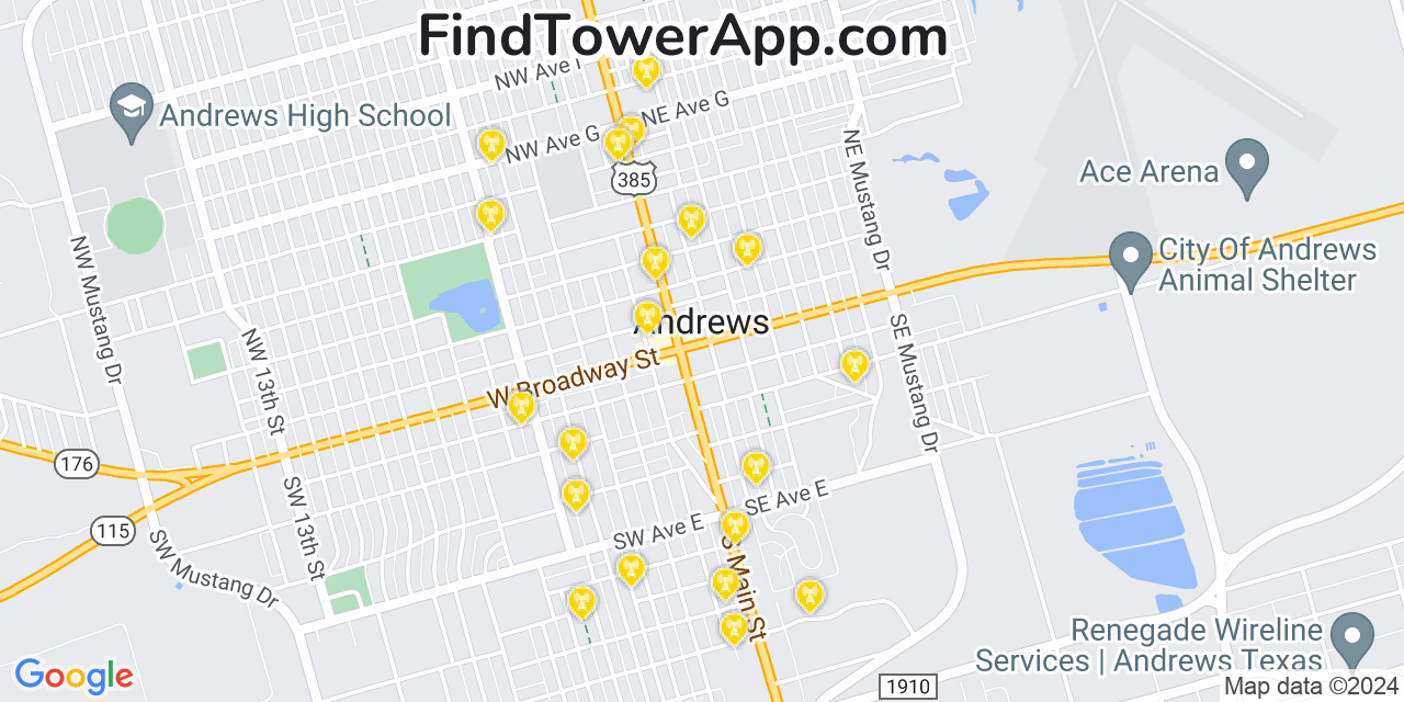 AT&T 4G/5G cell tower coverage map Andrews, Texas