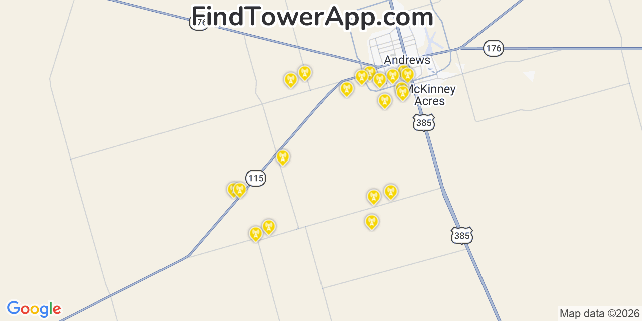 Map showing the 20 primary cell tower locations detected in Andrews, Texas from AT&T, Verizon, and T-Mobile networks