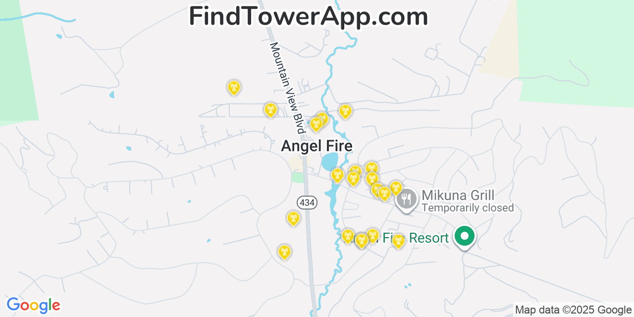 Map showing the 20 primary cell tower locations detected in Angel Fire, New Mexico from AT&T, Verizon, and T-Mobile networks