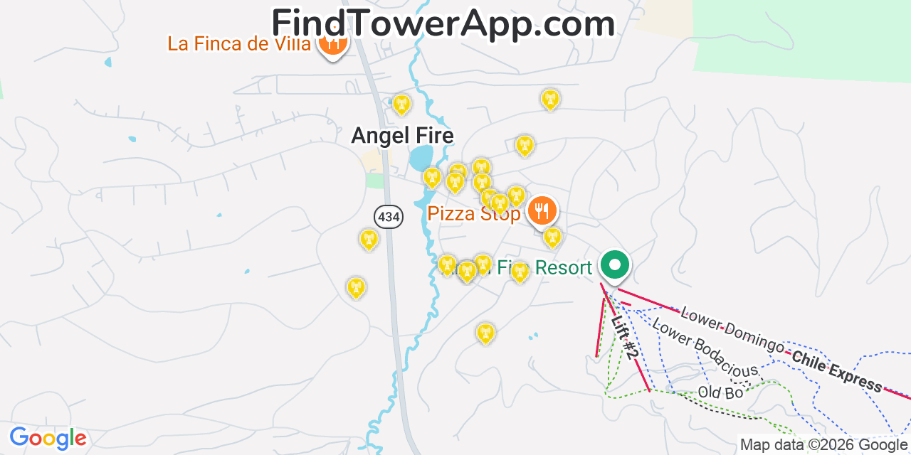 Map showing the 20 primary cell tower locations detected in Angel Fire, New Mexico from AT&T, Verizon, and T-Mobile networks