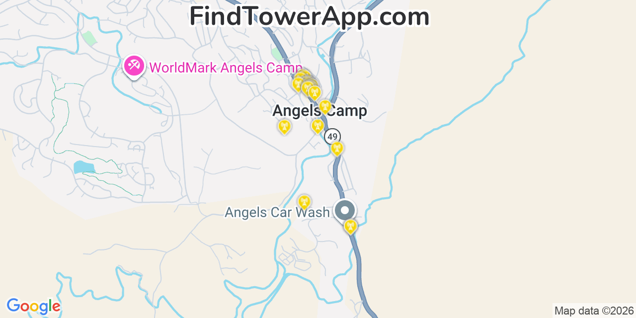 Map showing the 20 primary cell tower locations detected in Angels Camp, California from AT&T, Verizon, and T-Mobile networks