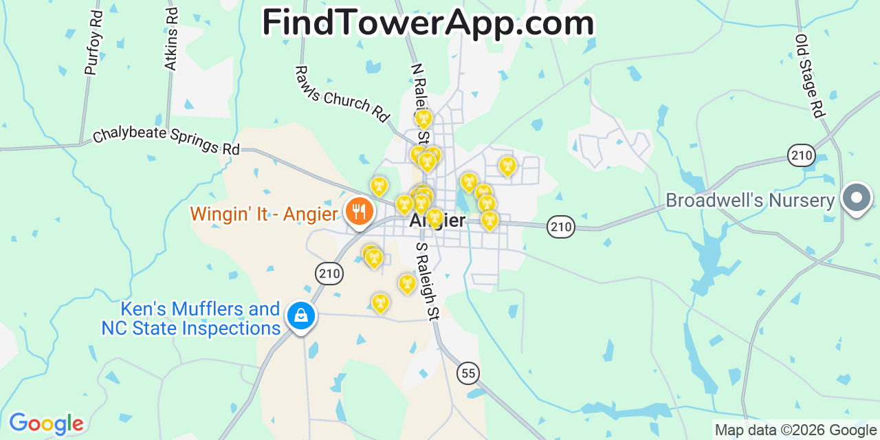 Map showing the 20 primary cell tower locations detected in Angier, North Carolina from AT&T, Verizon, and T-Mobile networks