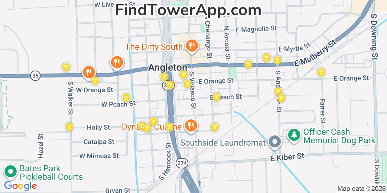 Map showing the 20 primary cell tower locations detected in Angleton, Texas from AT&T, Verizon, and T-Mobile networks