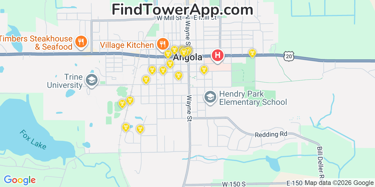 Map showing the 20 primary cell tower locations detected in Angola, Indiana from AT&T, Verizon, and T-Mobile networks