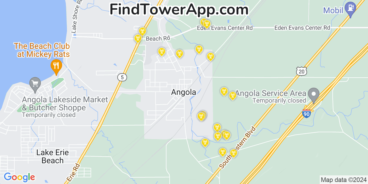 AT&T 4G/5G cell tower coverage map Angola, New York