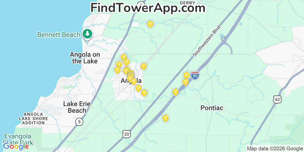 Map showing the 20 primary cell tower locations detected in Angola, New York from AT&T, Verizon, and T-Mobile networks