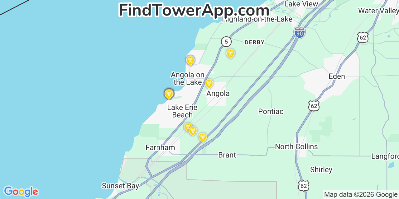 Map showing the 20 primary cell tower locations detected in Angola On The Lake, New York from AT&T, Verizon, and T-Mobile networks