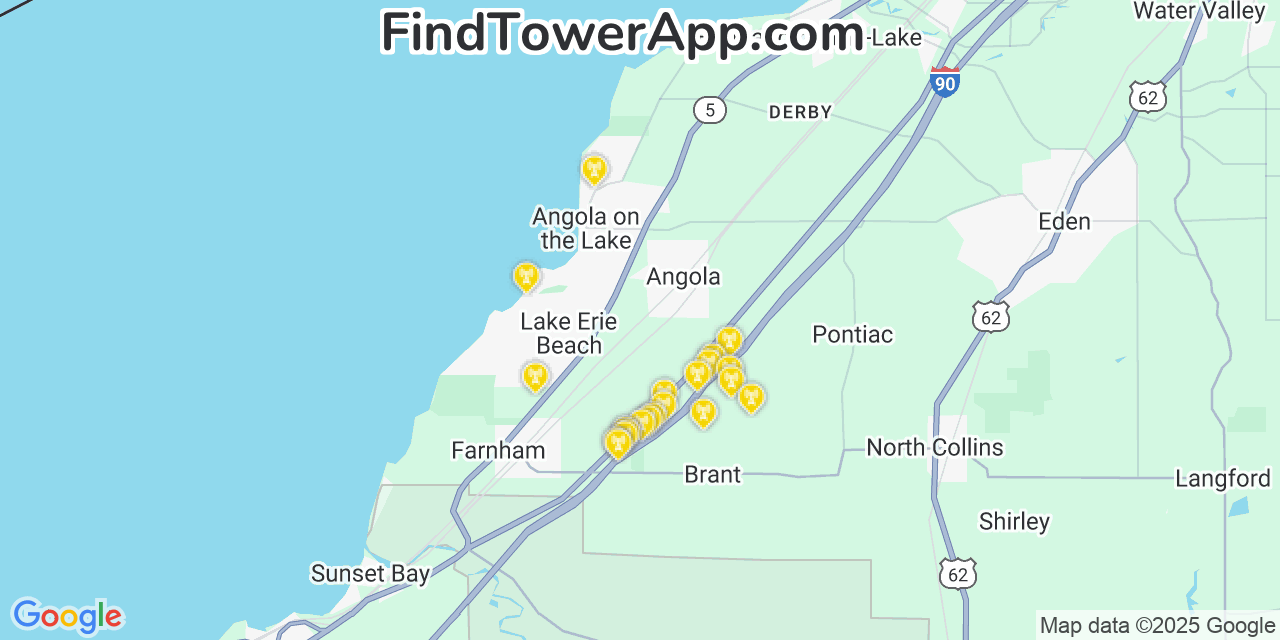 Map showing the 21 primary Verizon cell tower locations detected in Angola On The Lake, New York with coverage radius and signal strength indicators