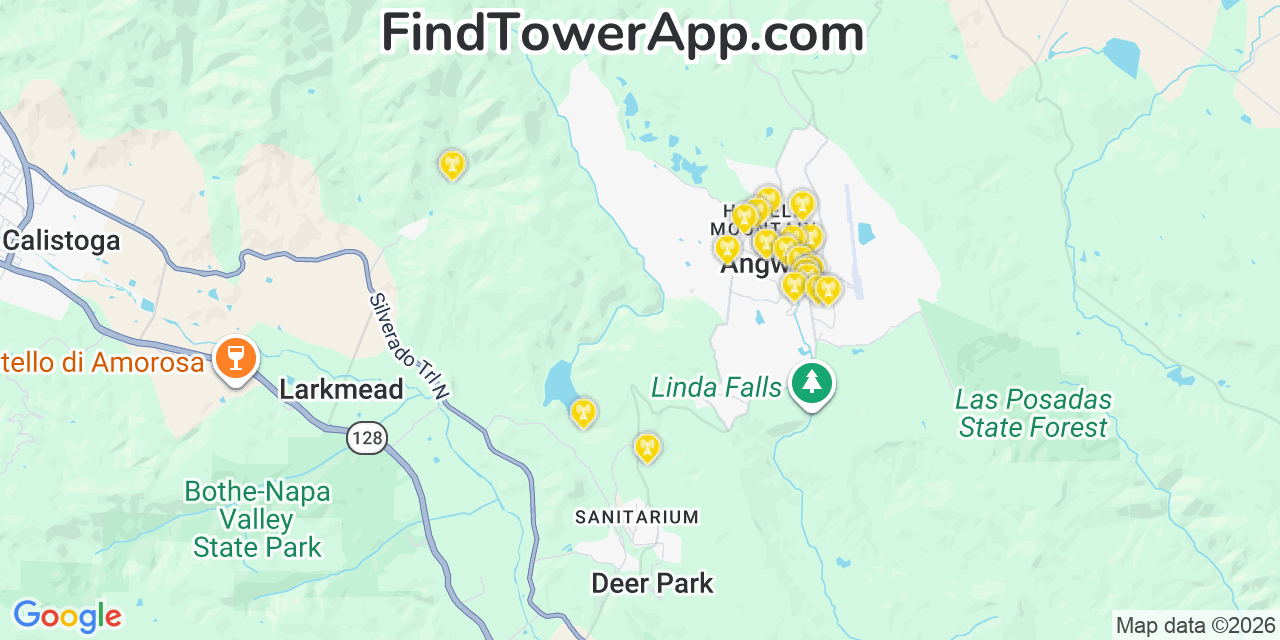 Map showing the 20 primary cell tower locations detected in Angwin, California from AT&T, Verizon, and T-Mobile networks
