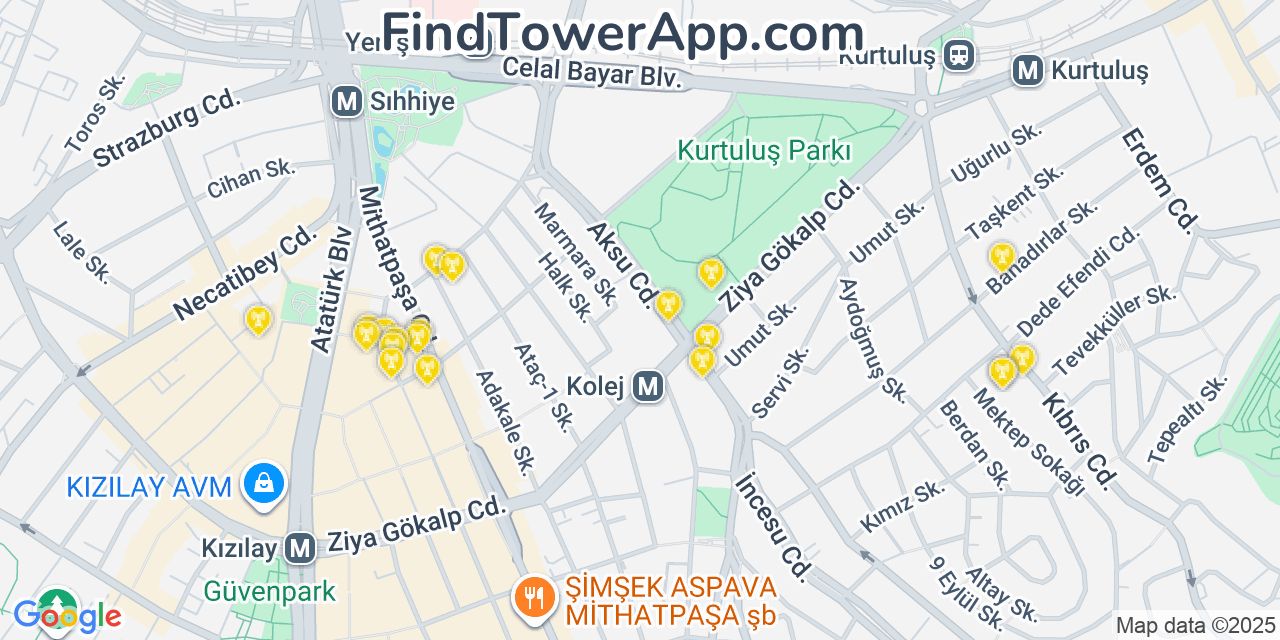 Map showing the 20 primary cell tower locations detected in Ankara, Turkey with coverage areas and signal strength