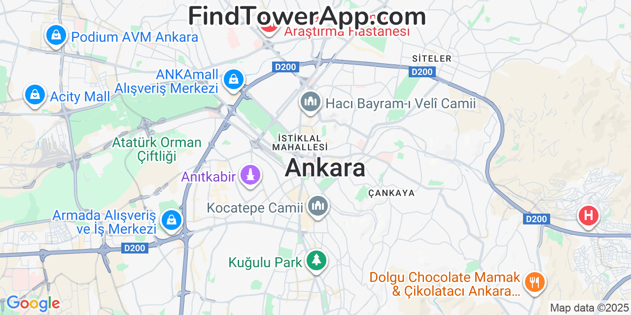 Map showing the 0 primary Türk-Telekom cell tower locations detected in Ankara, Turkey with coverage radius and signal strength indicators
