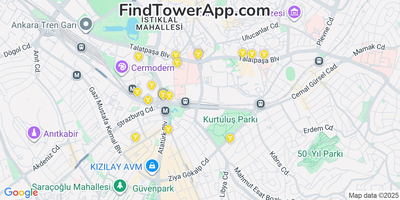 Map showing the 20 primary Türk Telekom cell tower locations in Ankara, Turkey