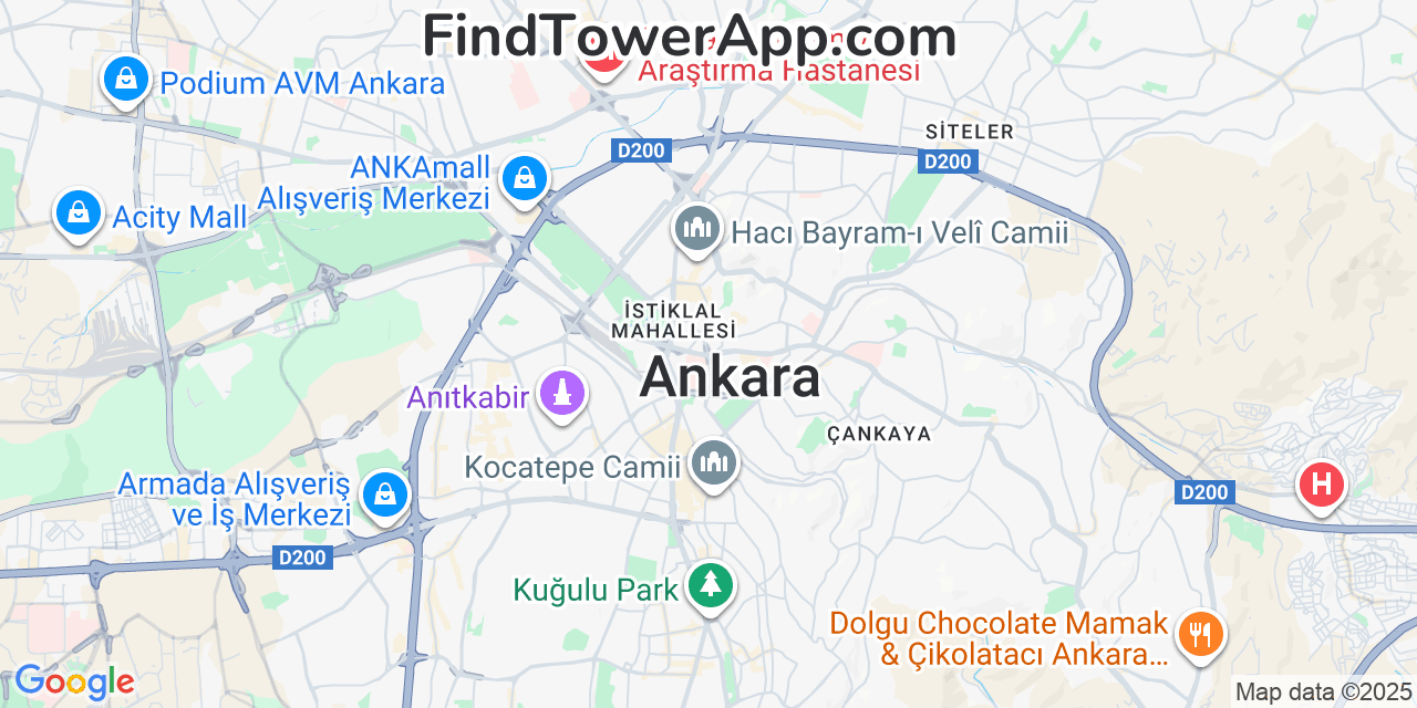 Map showing the 0 primary Vodafone cell tower locations detected in Ankara, Turkey with coverage radius and signal strength indicators