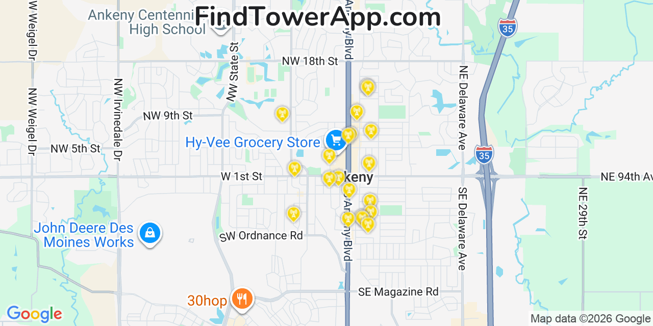 Map showing the 20 primary cell tower locations detected in Ankeny, Iowa from AT&T, Verizon, and T-Mobile networks