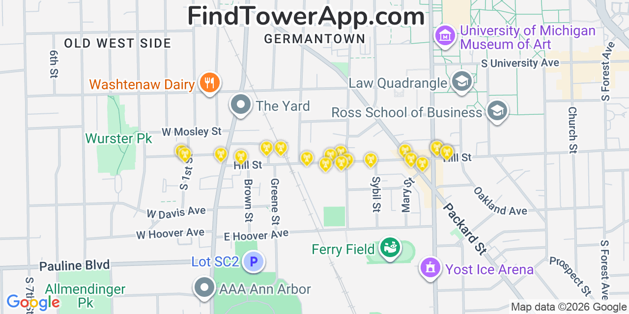 Map showing the 20 primary cell tower locations detected in Ann Arbor, Michigan from AT&T, Verizon, and T-Mobile networks
