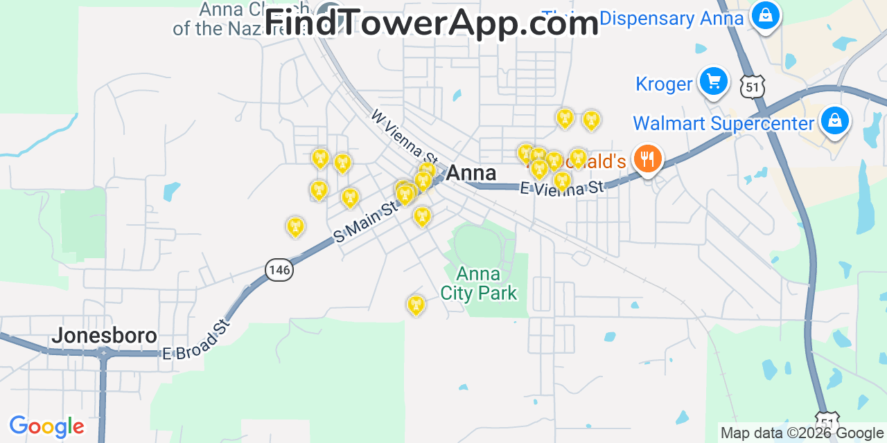 Map showing the 20 primary cell tower locations detected in Anna, Illinois from AT&T, Verizon, and T-Mobile networks