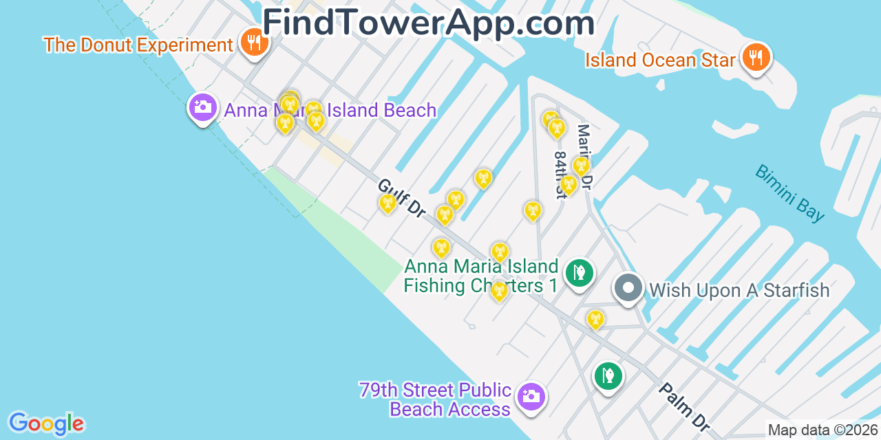 Map showing the 20 primary cell tower locations detected in Anna Maria, Florida from AT&T, Verizon, and T-Mobile networks