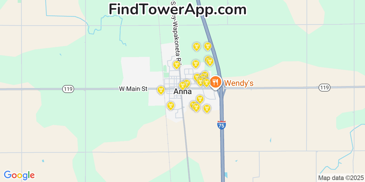 Map showing the 20 primary cell tower locations detected in Anna, Ohio from AT&T, Verizon, and T-Mobile networks