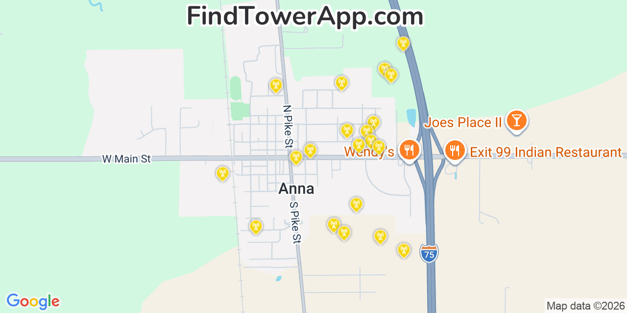Map showing the 20 primary cell tower locations detected in Anna, Ohio from AT&T, Verizon, and T-Mobile networks