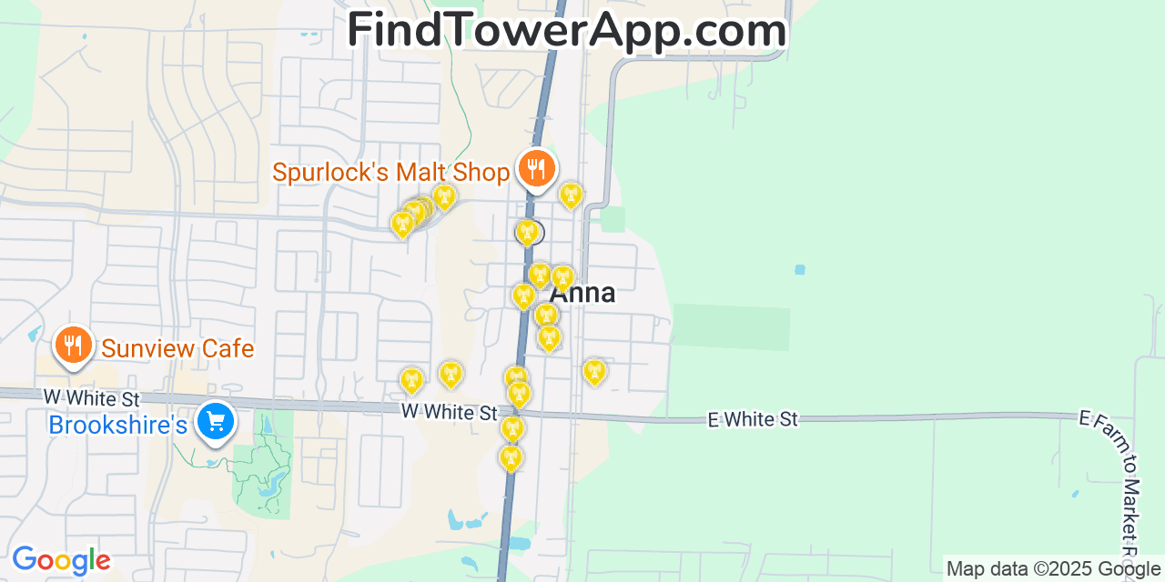 Map showing the 20 primary cell tower locations detected in Anna, Texas from AT&T, Verizon, and T-Mobile networks