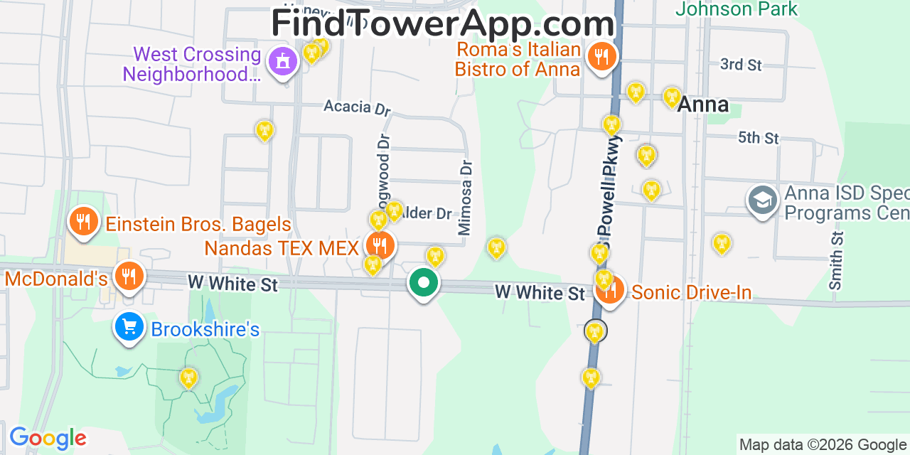 Map showing the 20 primary cell tower locations detected in Anna, Texas from AT&T, Verizon, and T-Mobile networks
