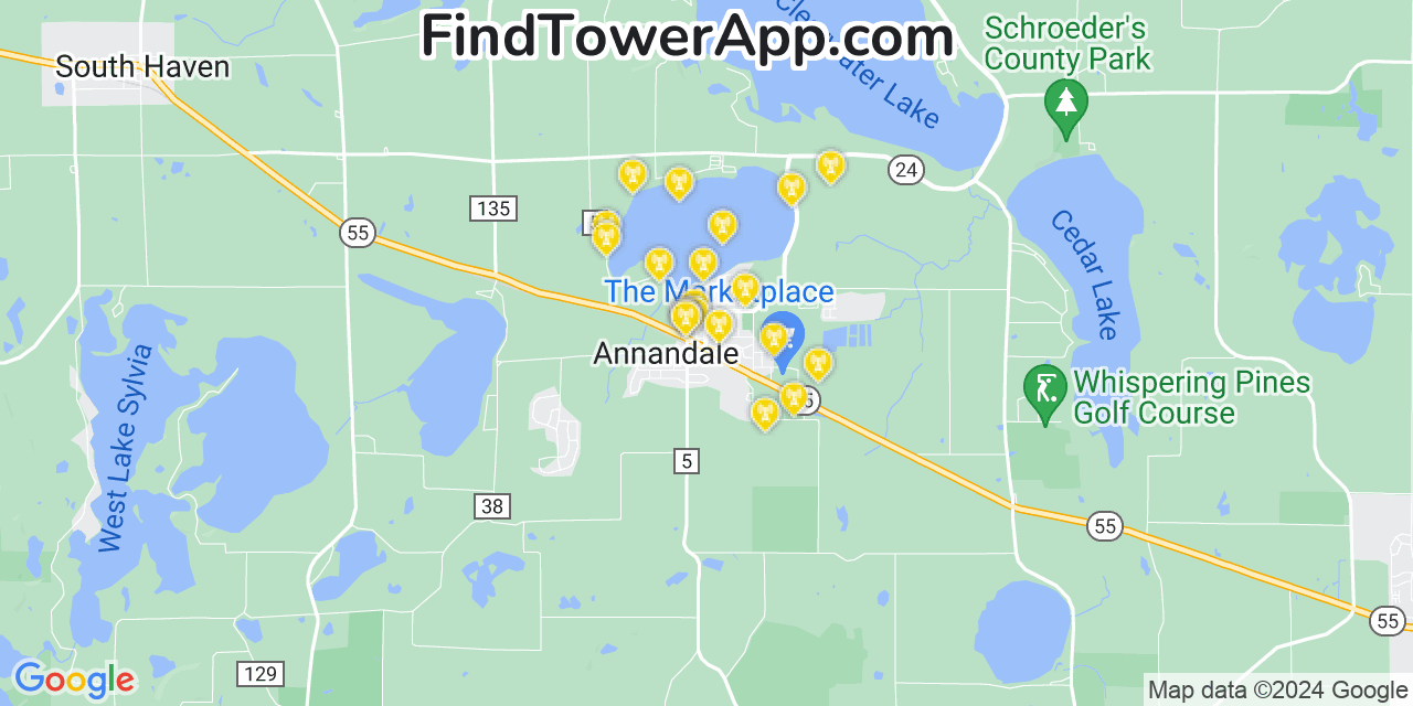 AT&T 4G/5G cell tower coverage map Annandale, Minnesota