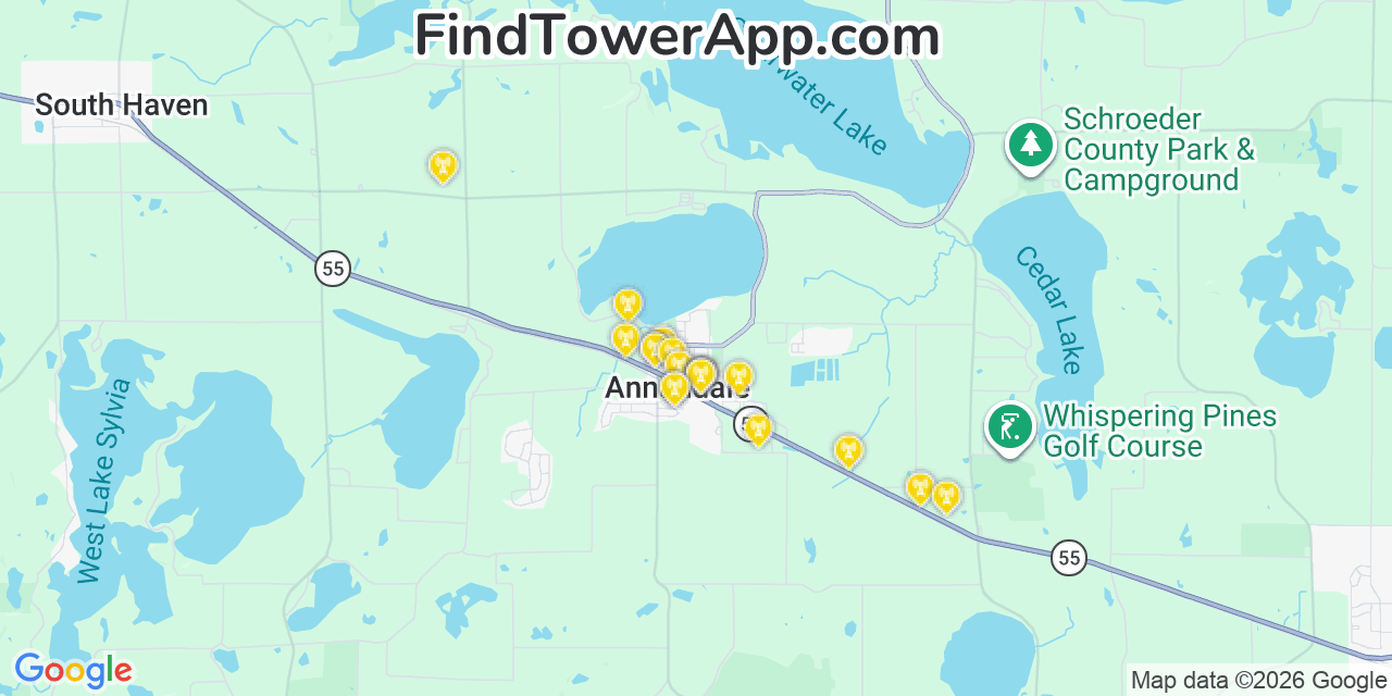 Map showing the 20 primary cell tower locations detected in Annandale, Minnesota from AT&T, Verizon, and T-Mobile networks