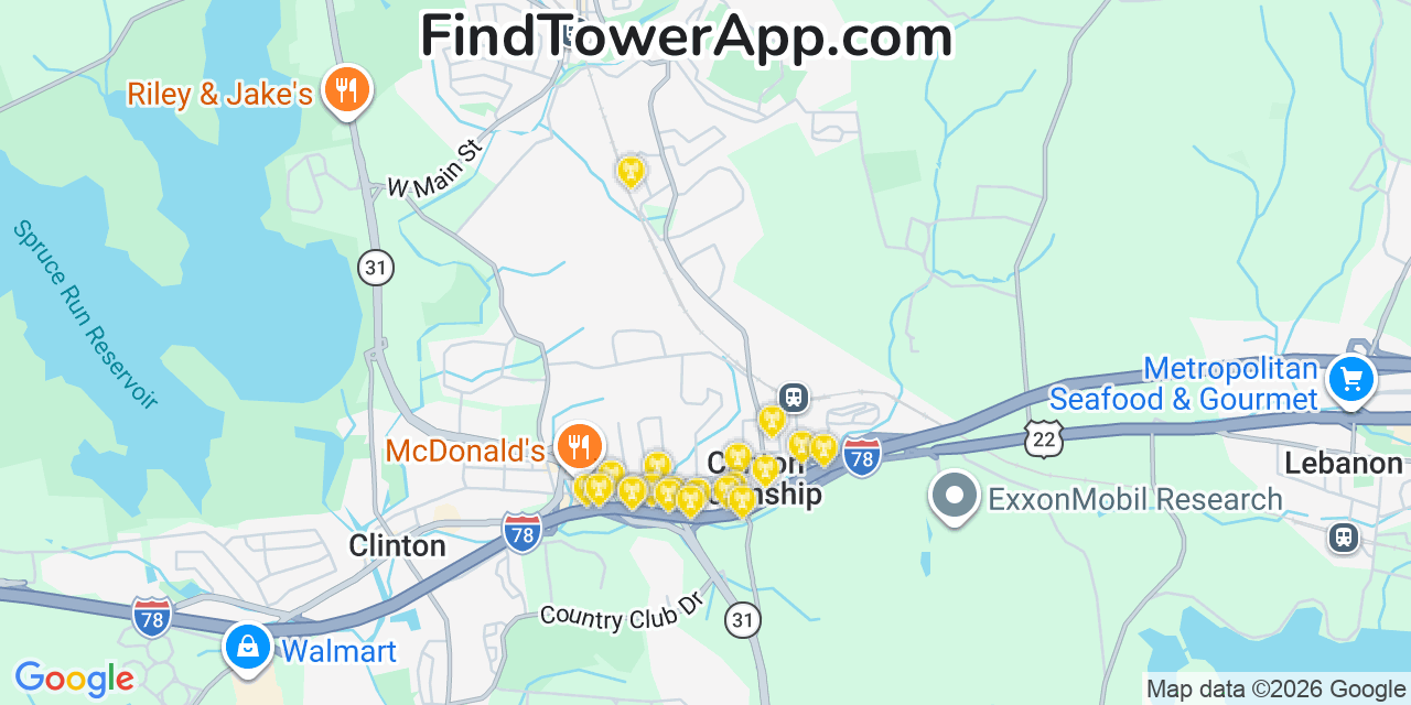 Map showing the 20 primary cell tower locations detected in Annandale, New Jersey from AT&T, Verizon, and T-Mobile networks