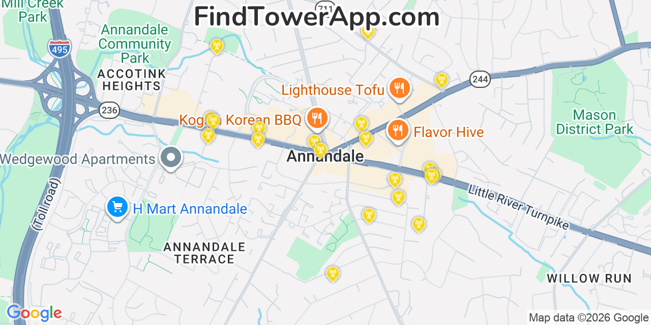 Map showing the 20 primary cell tower locations detected in Annandale, Virginia from AT&T, Verizon, and T-Mobile networks