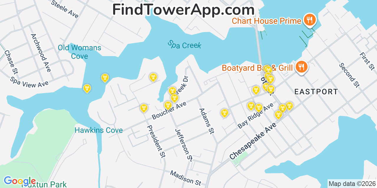 Map showing the 20 primary cell tower locations detected in Annapolis, Maryland from AT&T, Verizon, and T-Mobile networks