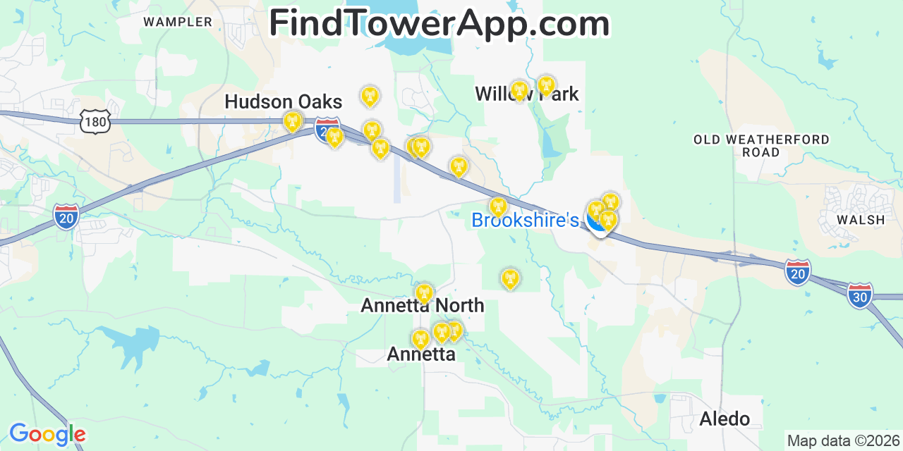 Map showing the 20 primary cell tower locations detected in Annetta, Texas from AT&T, Verizon, and T-Mobile networks