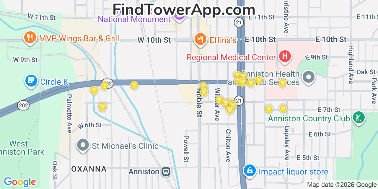 Map showing the 20 primary cell tower locations detected in Anniston, Alabama from AT&T, Verizon, and T-Mobile networks