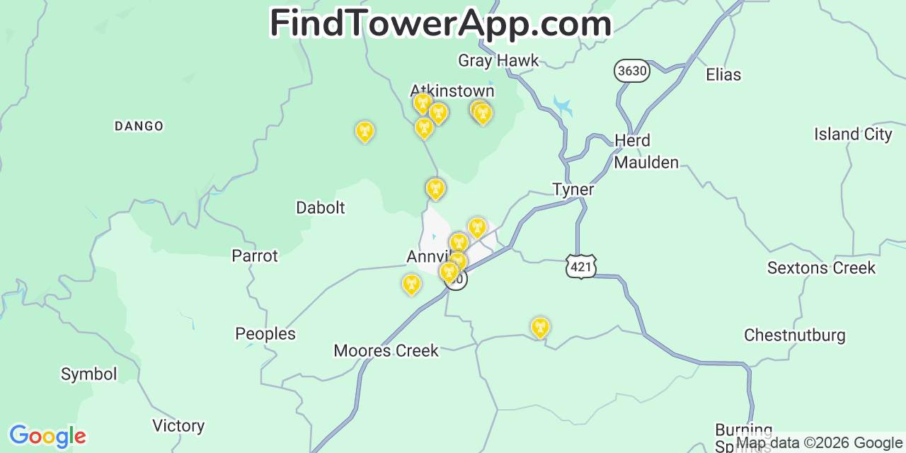 Map showing the 20 primary cell tower locations detected in Annville, Kentucky from AT&T, Verizon, and T-Mobile networks